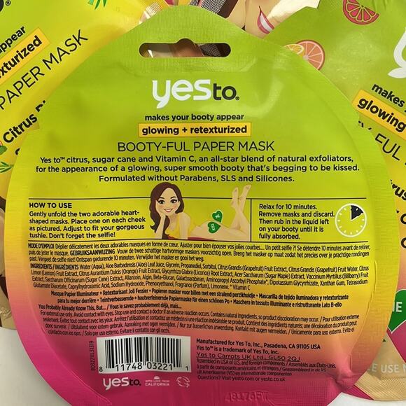 YesTo Booty-Ful Paper Mask Glowing Retexturized Lot of 10 Citrus Blend Vit C - Picture 3 of 4